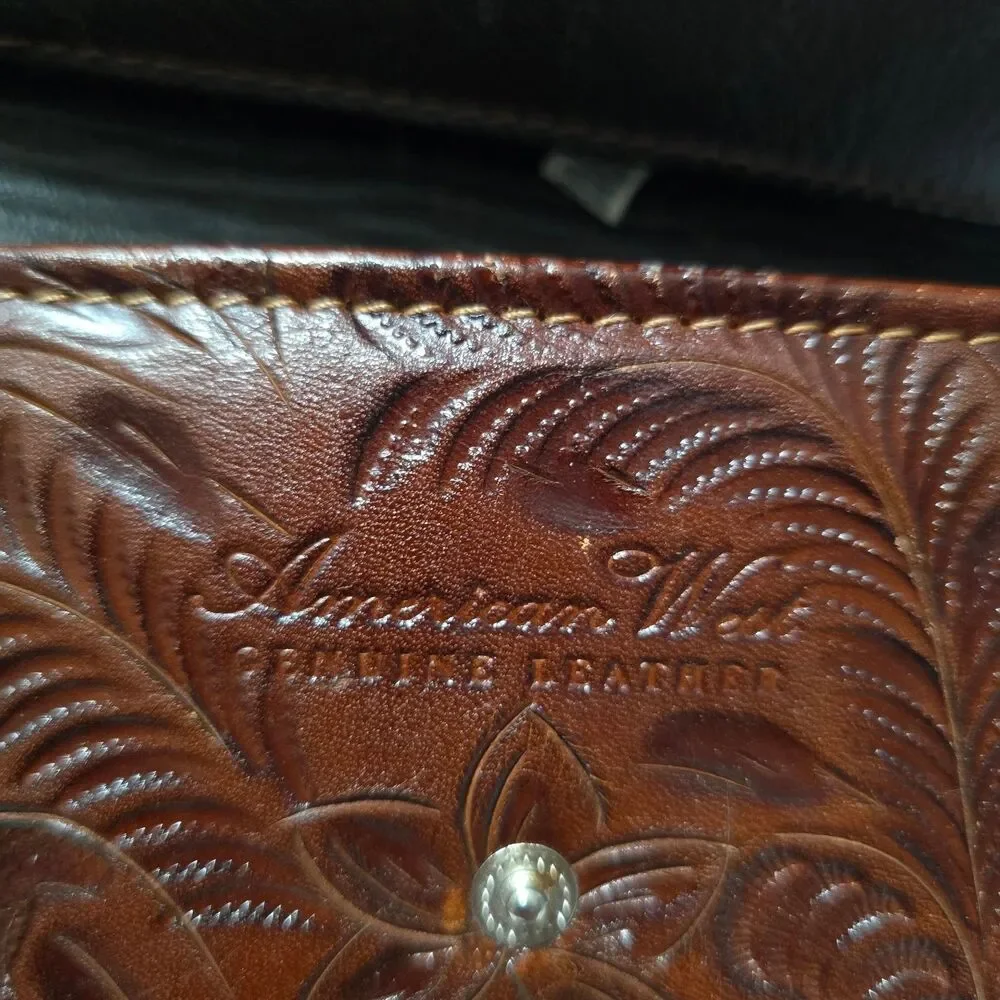 American West Tooled Leather Wallet Bi-Fold Brown Floral Studded Western Cowgirl